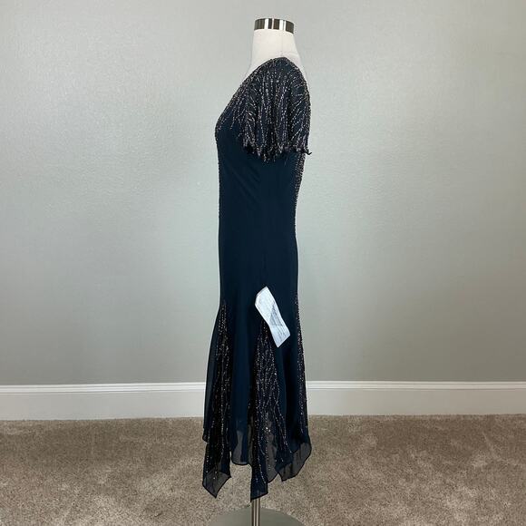 JKara Beaded Chiffon Short Sleeve Fit and Flare Midi Cocktail Dress Blue Size 6 - Picture 5 of 12